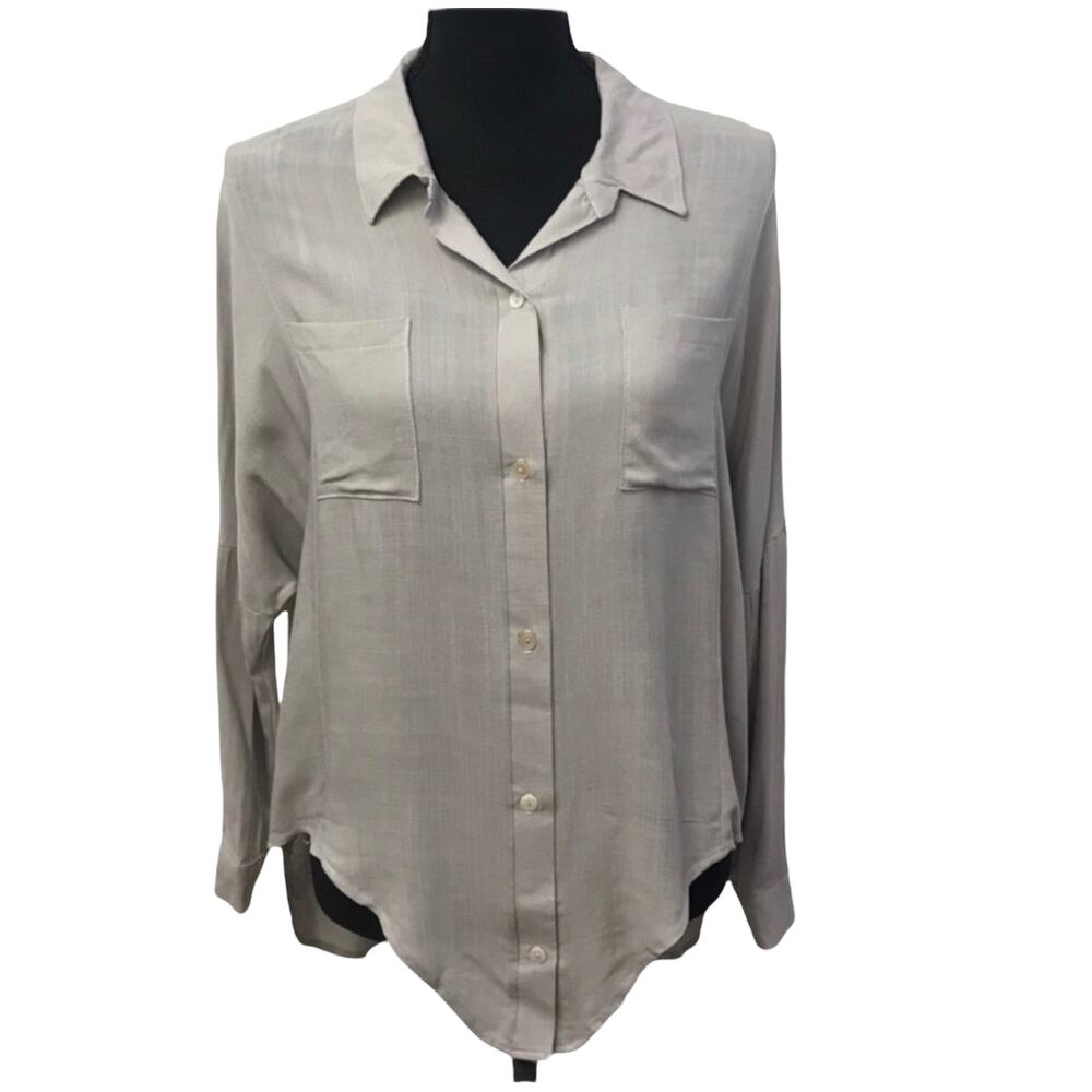 Modcloth Poema Grey Purple Career Button Front‎  Blouse Medium